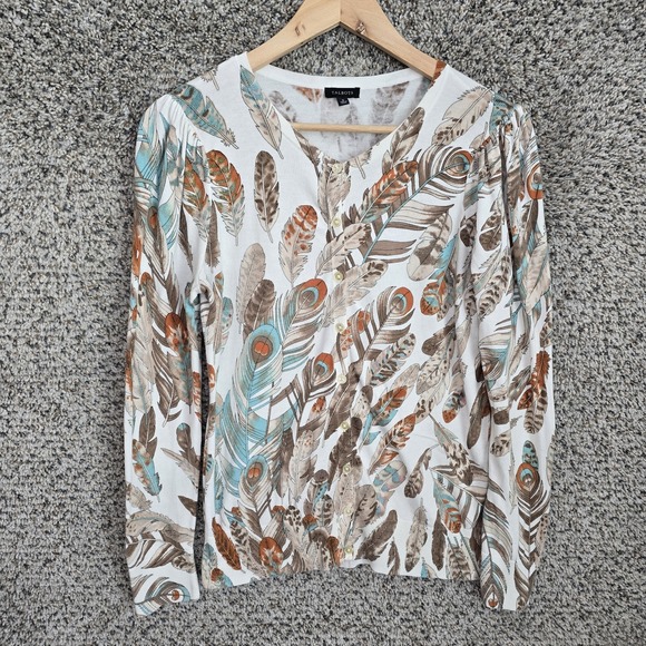 Talbots Cardigan Womens Small Brown Button Feather Print Lightweight Ladies - Picture 1 of 7